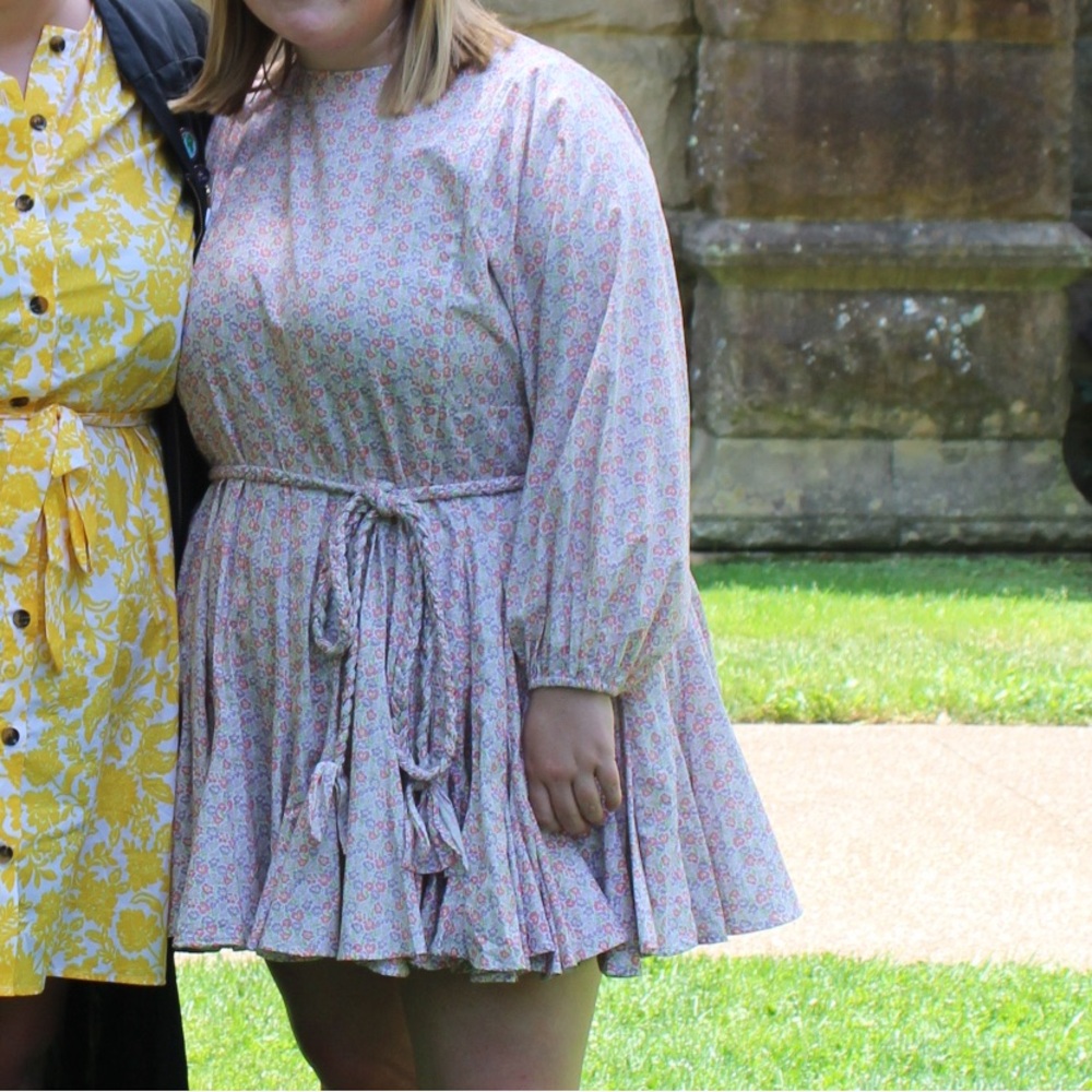 The Impeccable Pig Pink Floral Long-Sleeve Tie-Waist Mini Dress